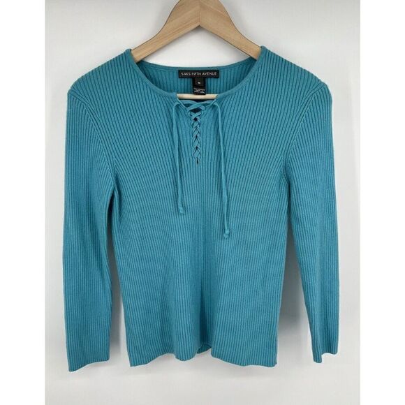 Vintage Saks Fifth Avenue Cashmere Teal Blue Lace Up Size Medium Y2K 90’s - Picture 1 of 3